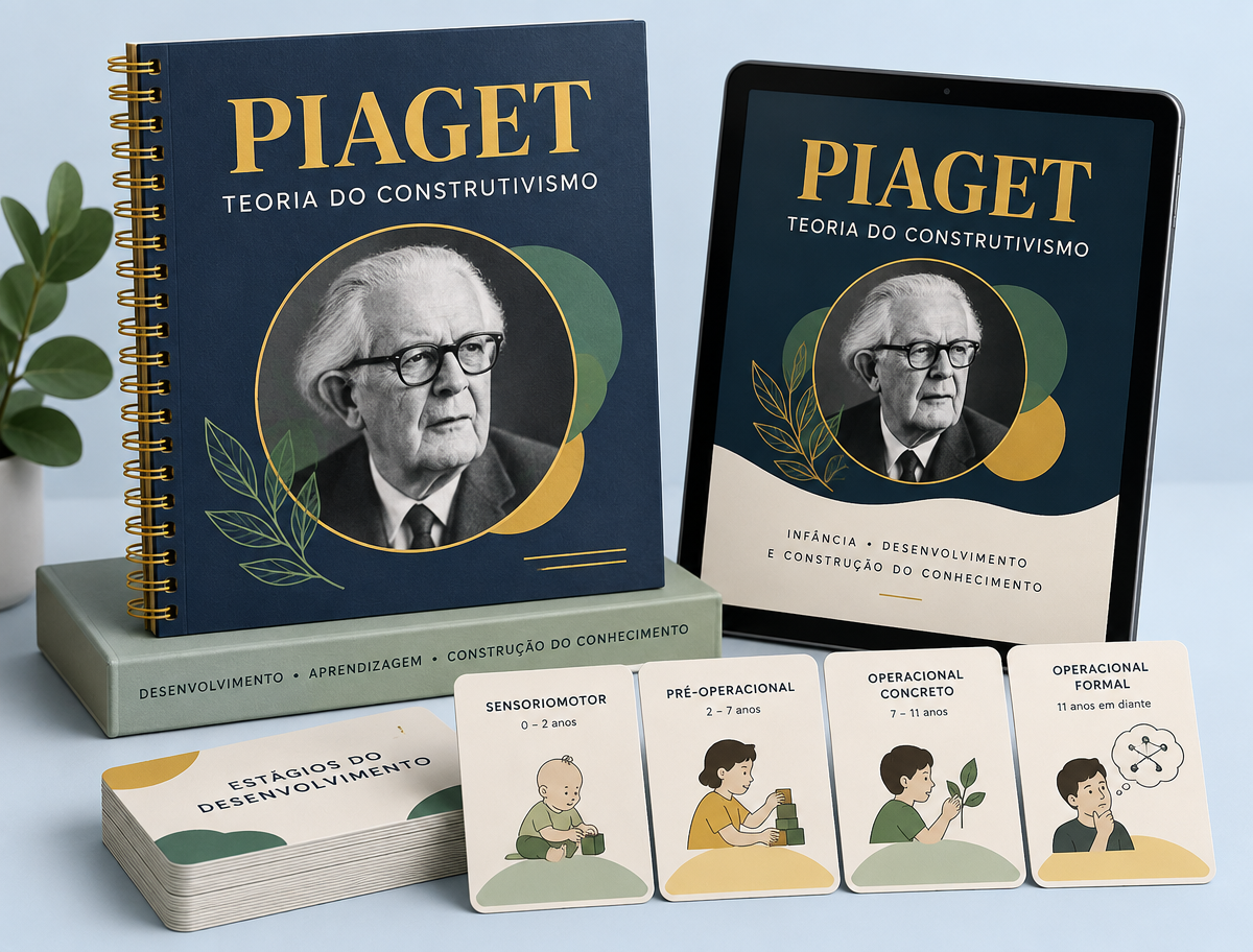 Mockup do bônus Piaget e a Teoria do Construtivismo com apostila, tablet e cartões