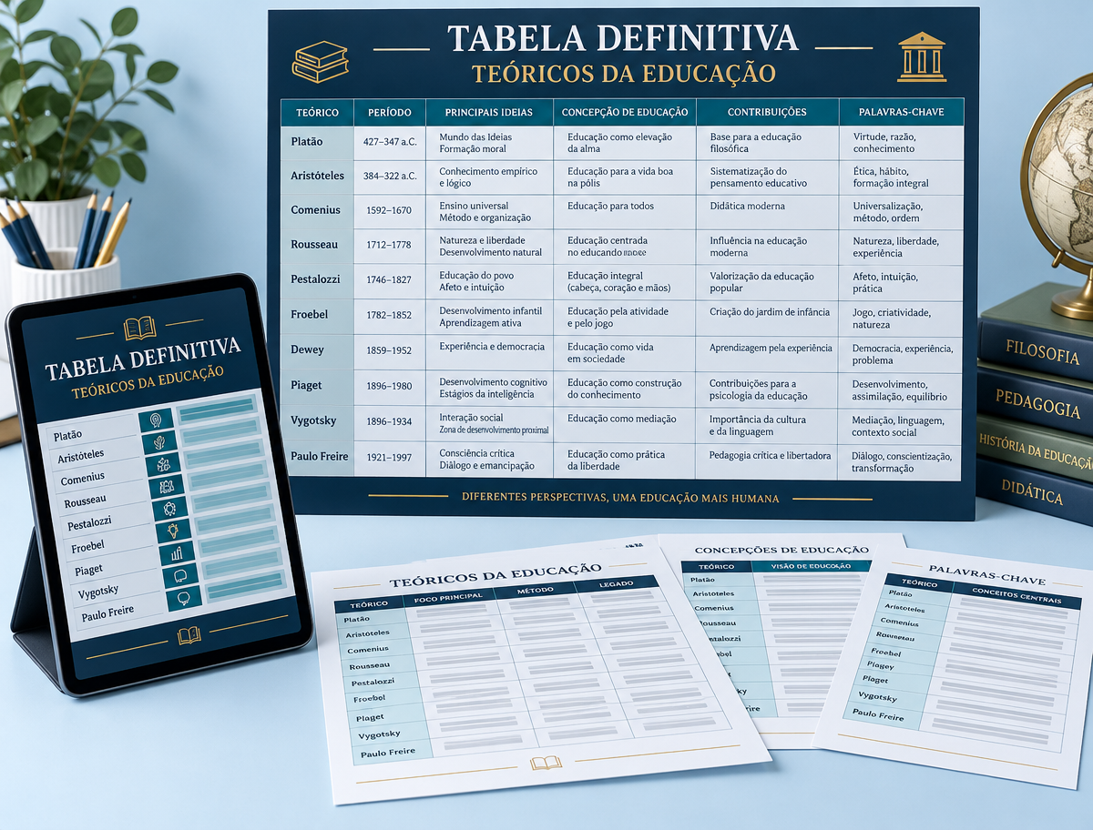 Mockup do bônus Tabela Definitiva dos Teóricos da Educação com quadro comparativo e fichas