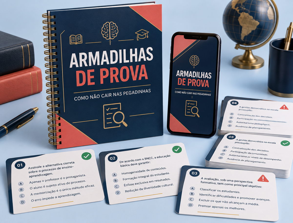 Mockup do bônus Armadilhas de Prova com apostila, celular e cartões de questões