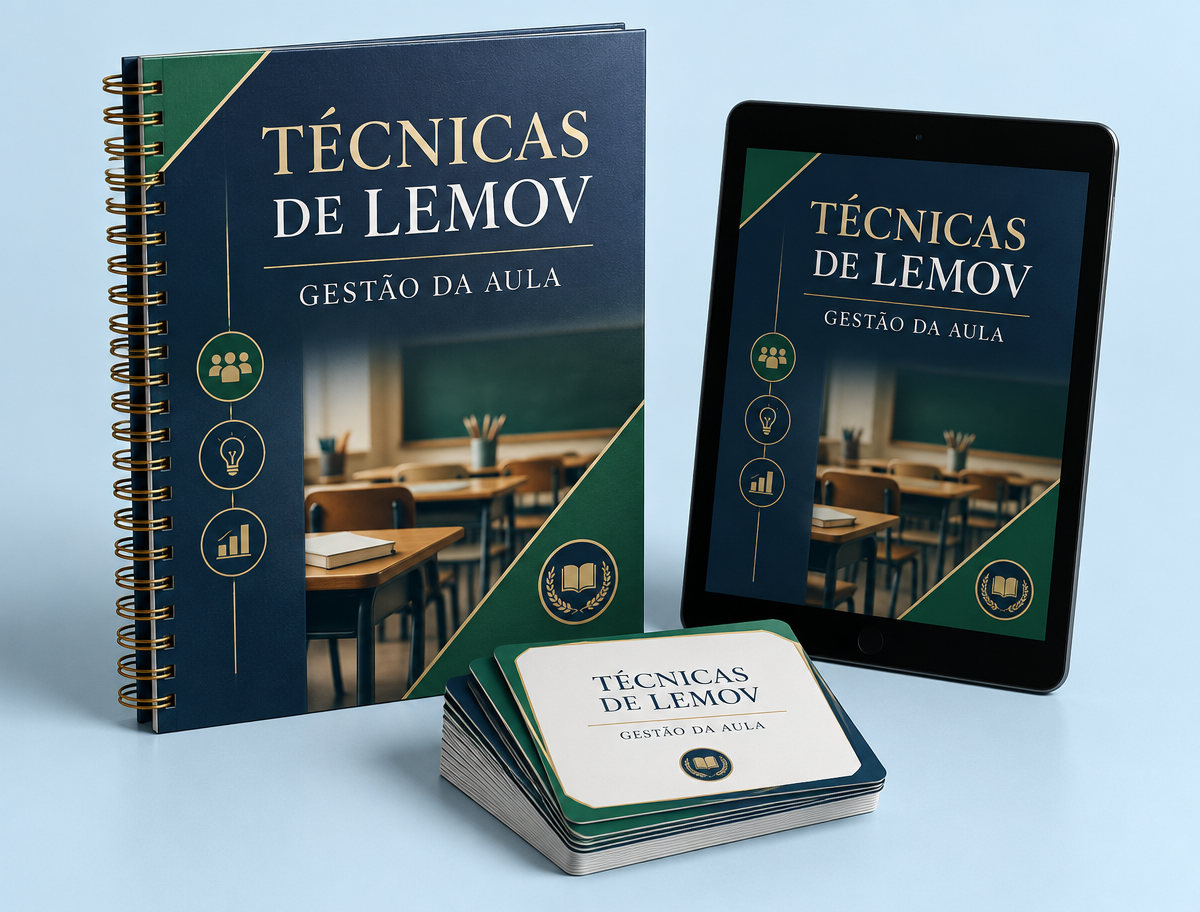 Mockup do bônus Técnicas de Lemov para Gestão da Aula com apostila, tablet e cartões